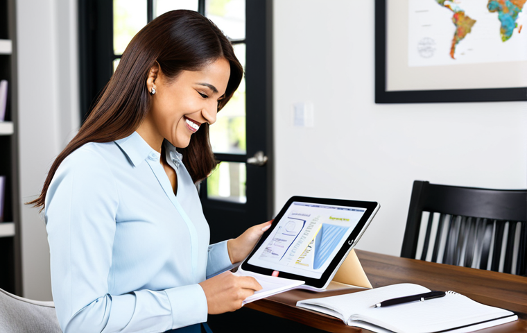 Personalized Learning Path**
"A professional woman wearing a modest business casual outfit, smiling confidently while reviewing notes on a tablet showing a personalized learning roadmap, surrounded by books and a laptop in a bright, modern home office setting, fully clothed, appropriate attire, safe for work, perfect anatomy, natural proportions, professional illustration, high quality, family-friendly."
**