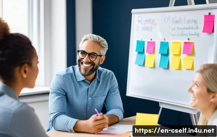 자기주도학습코치와 커뮤니케이션 스킬 - A warm, modern coaching session in a bright, cozy office where a diverse group of adult learners and...