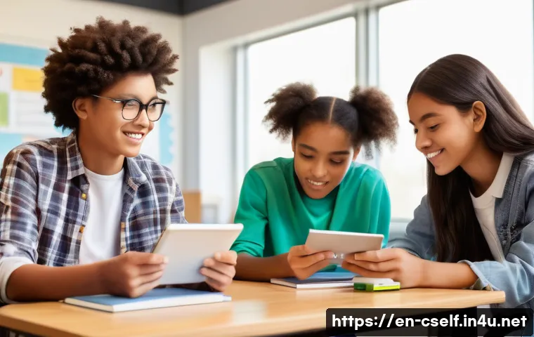 자기주도학습코치와 청소년 상담 사례 - A diverse group of teenagers in a bright, modern classroom setting, engaged in different learning ac...