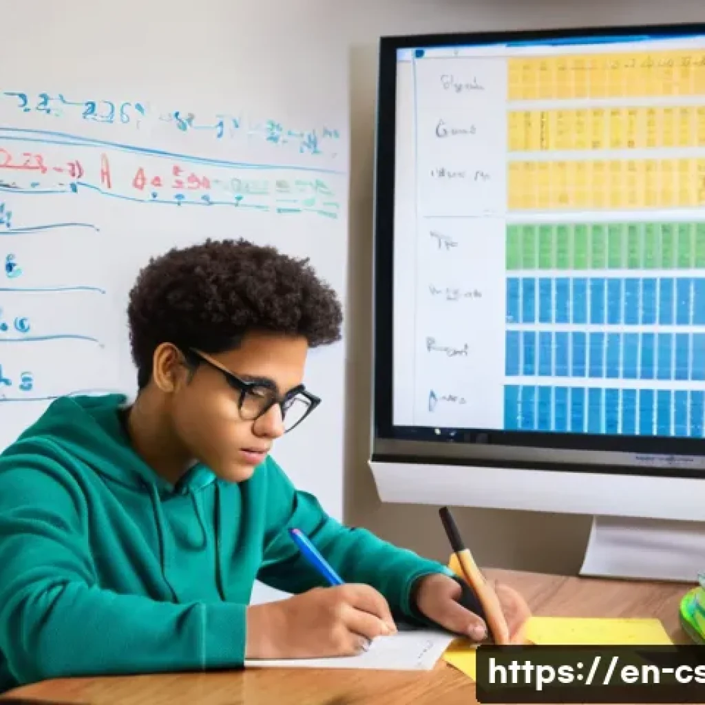 자기주도학습코치 주요 과목 정리 - A focused study scene showing a young adult sitting at a wooden desk in a cozy, well-lit room, surro...