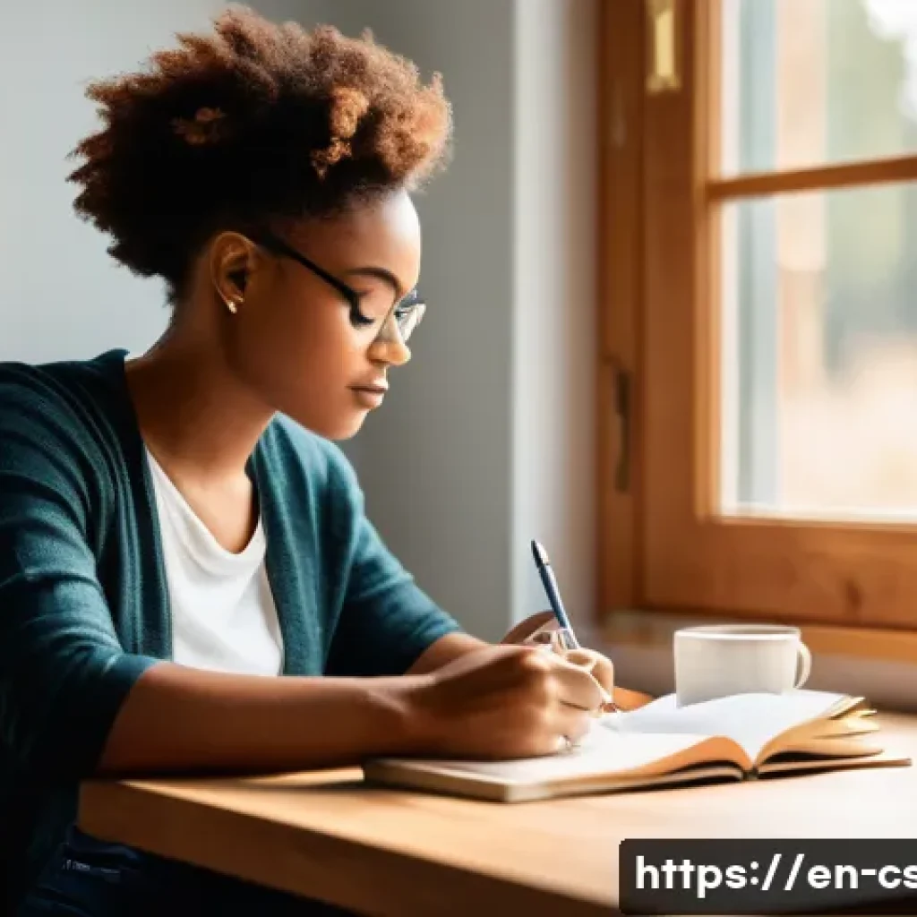 자기주도학습코치로서 코칭 철학 - A cozy study room scene featuring a diverse adult learner sitting at a wooden desk with a journal op...