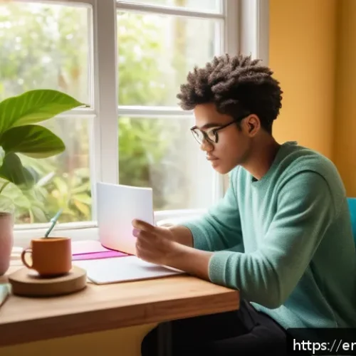자기주도학습코치와 학습 행동 사례 연구 - A cozy, sunlit study nook featuring a young adult with casual attire sitting at a wooden desk, surro...